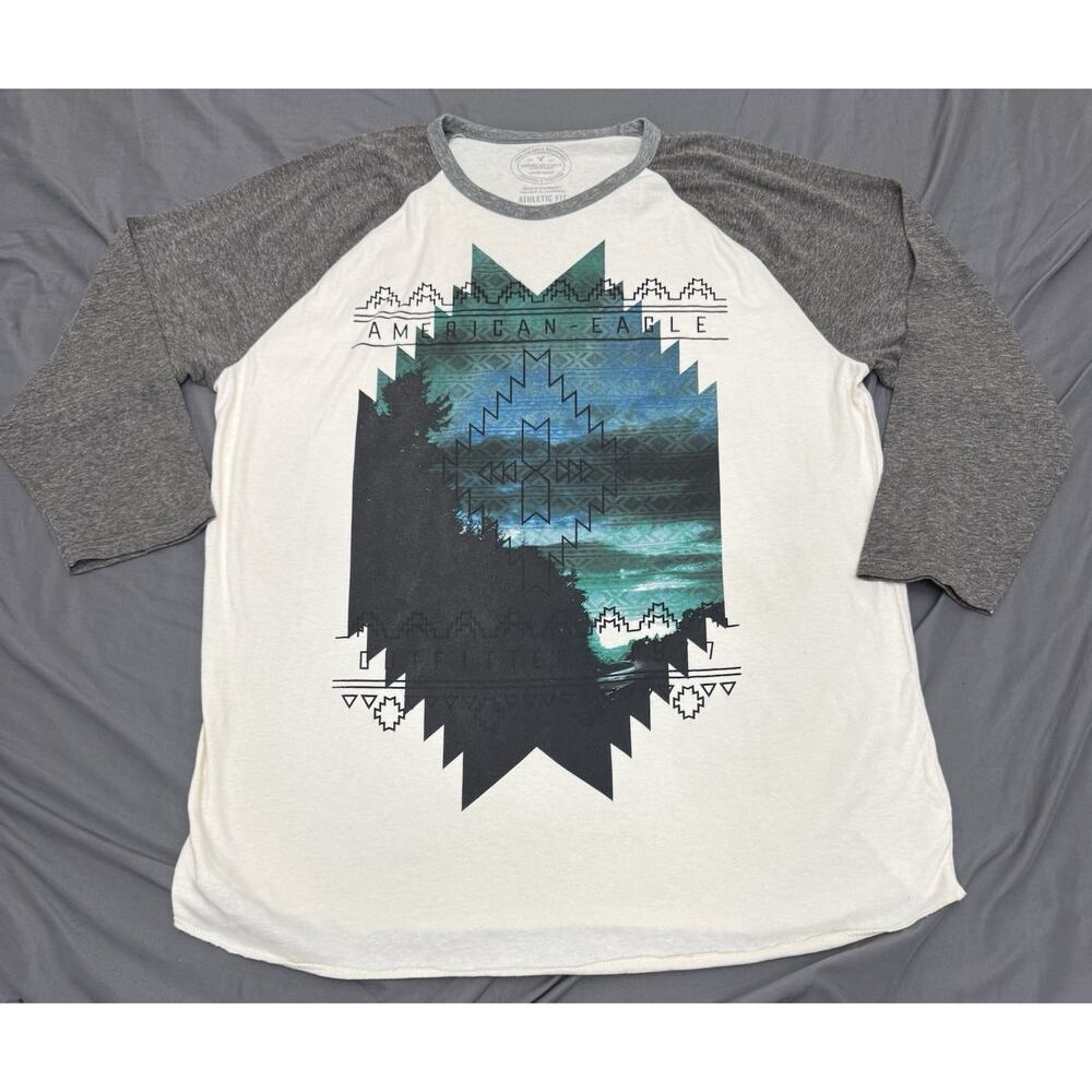 American Eagle Outfitters Mens XL Raglan Graphic T Shirt Aztec Tribal 3/4 Sleeve